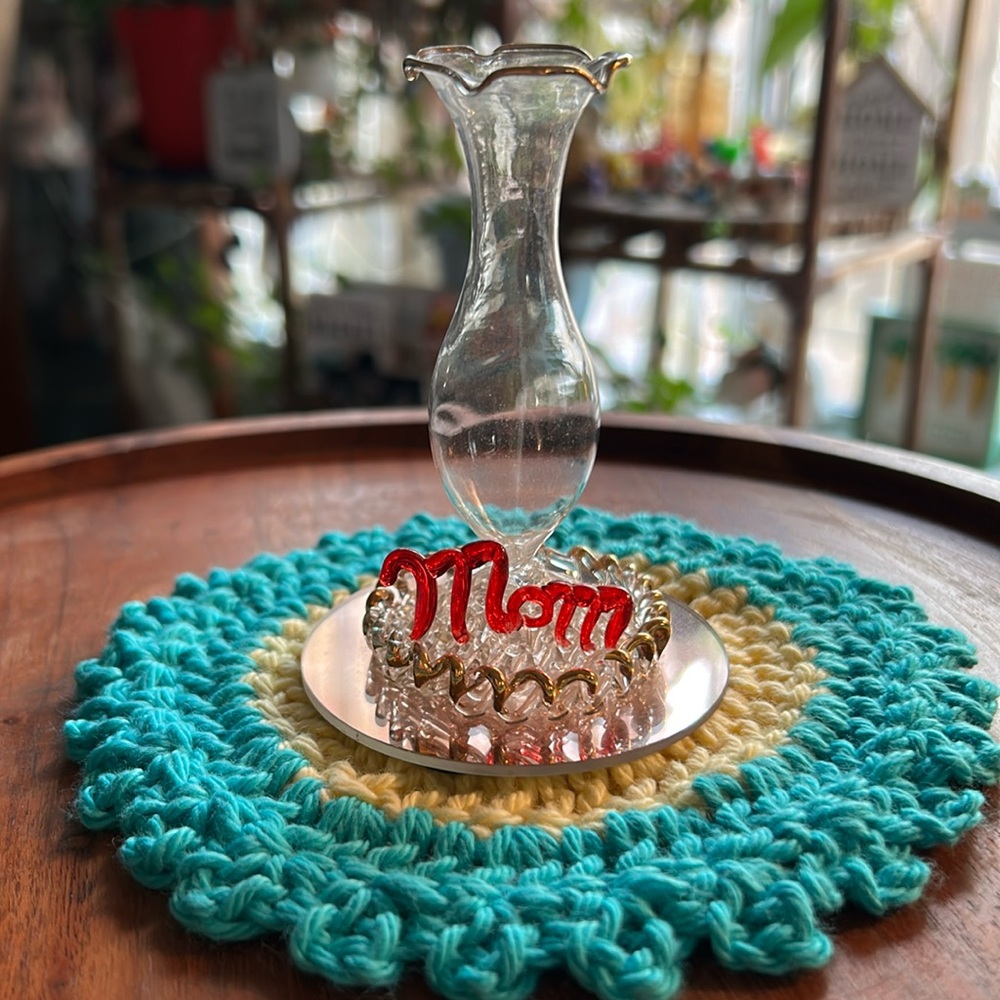 Glass Hand Spun Blown Glass Vase with MoM in Red on Mirror Base Vintage Gold